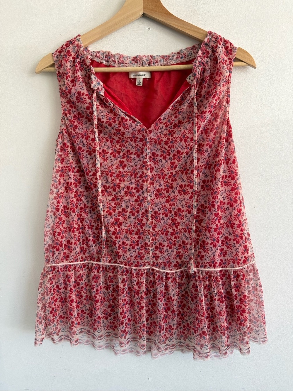 Max Studio Red Floral Sleeveless Ruffled Peasant Top